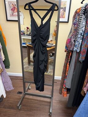 Free People Black Ruched V-Neck Midi Dress